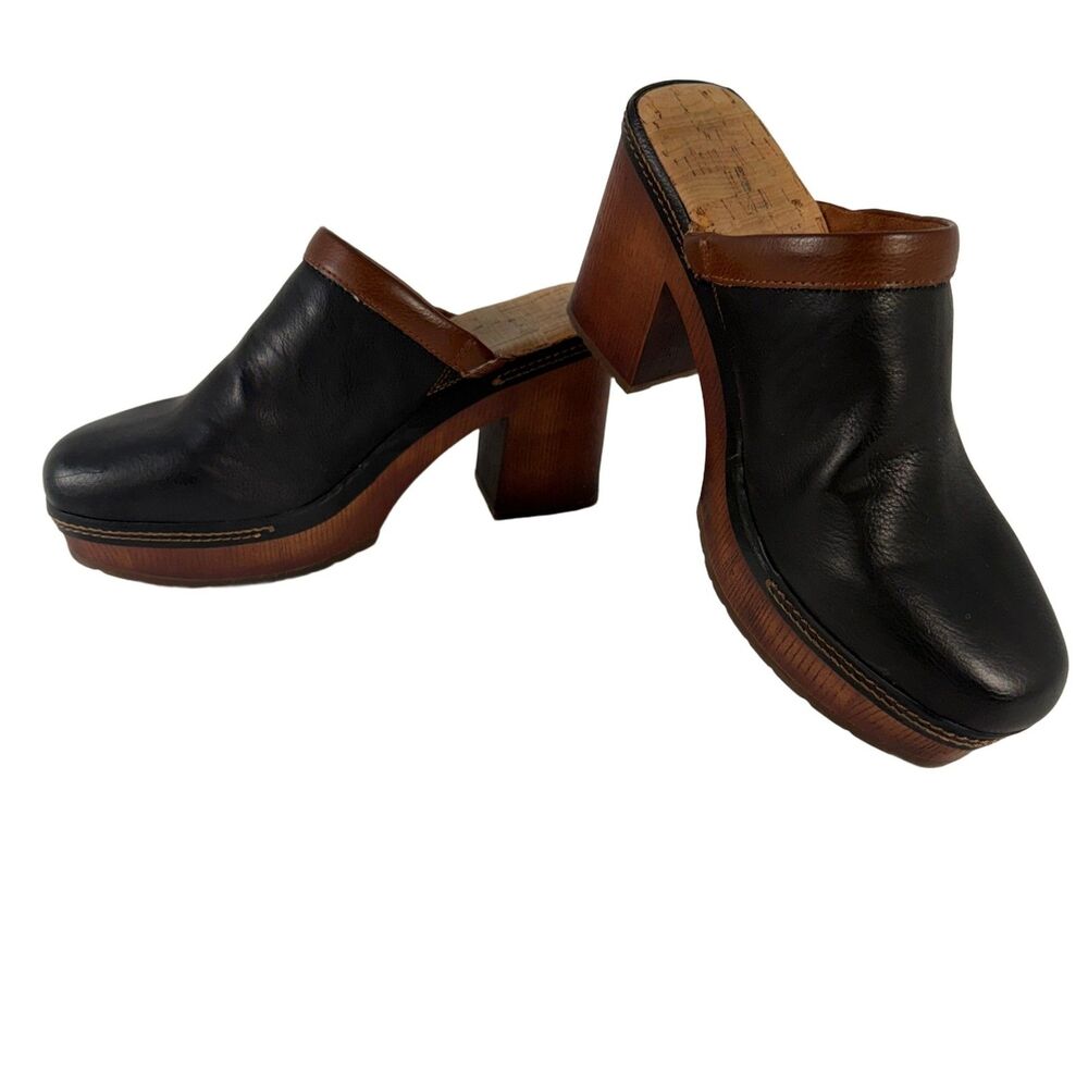 Womens KORKS Platform Clog Mules Size 8M Black Brown Wood Heel Slip On Heeled